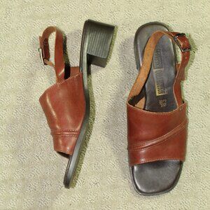Leather Collection Women's 8.5 Brown Peep Toe Slingback Block 1.5" Heel Shoe